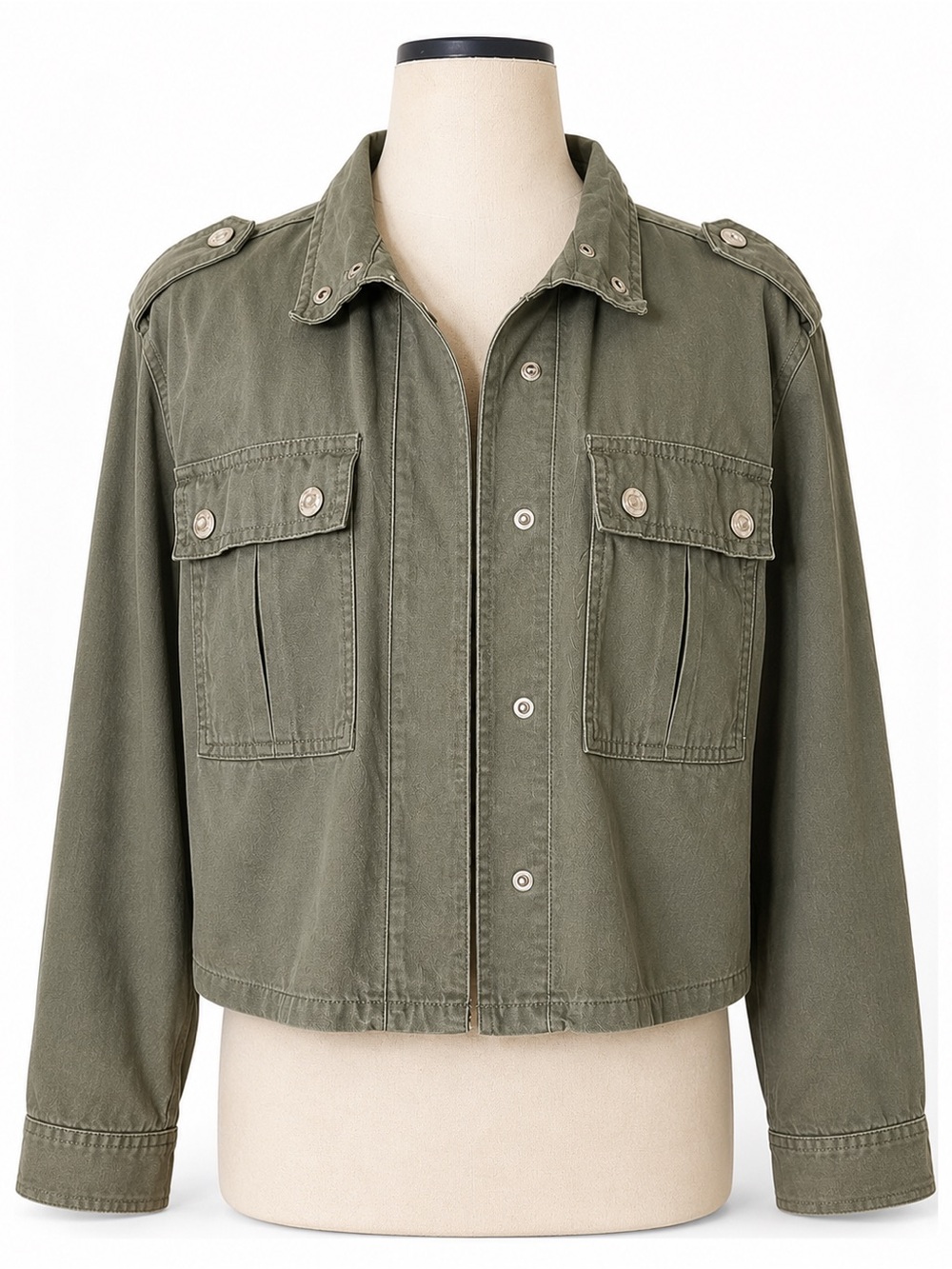 Kensie Utility Jacket Olive Green Cropped Cotton Military Cargo Cotton Coat Med